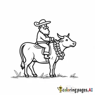 santa with cowboy boots and a cowboy hat, riding a a cow with a wreath around its neck