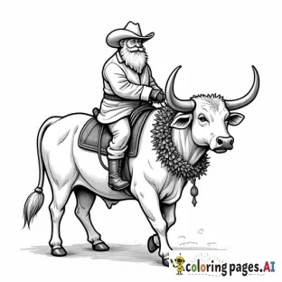 santa with cowboy boots and a cowboy hat, riding a a cow with a wreath around its neck