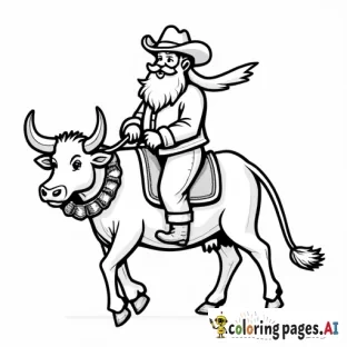 santa with cowboy boots and a cowboy hat, riding a a cow with a wreath around its neck