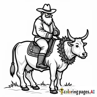 santa with cowboy boots and a cowboy hat, riding a a cow with a wreath around its neck