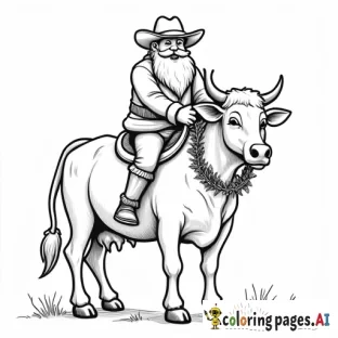 santa with cowboy boots and a cowboy hat, riding a a cow with a wreath around its neck
