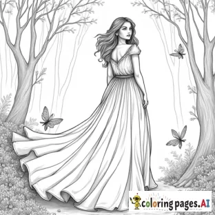 semi-realistic, beautiful woman wearing a long flowy dress in an enchanted forest with fairies