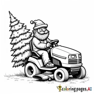 shaggy hair  man with a hat on a zero turn lawn mower with a christmas tree being driven home