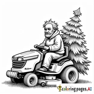 shaggy hair old man on a zero turn lawn mower with a christmas tree being driven home