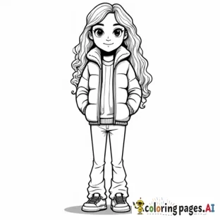 Short and cute 9 yr girl with long curly hair down to her waist. She is wearing flared pants, sneakers, and a puffy jacket that is zipped up