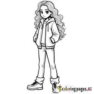Short and cute 9 yr girl with long curly hair down to her waist. She is wearing flared pants, sneakers, and a cool zipped-up jacket
