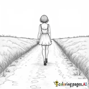 Short-haired petite curvy woman walking away from us down a dirt road