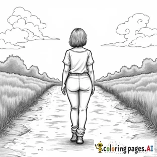 Short-haired petite curvy woman walking away from us down a dirt road