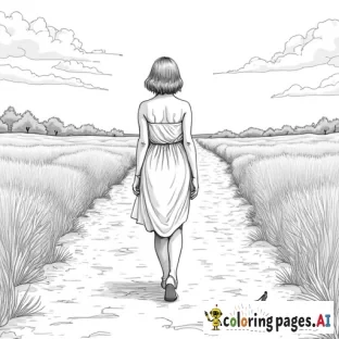 Short-haired petite curvy woman walking away from us down a dirt road