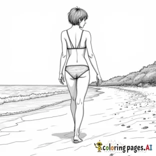 Short-haired petite curvy woman walking towards us down a beach in a bikini