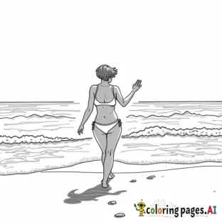 Short-haired petite curvy woman walking towards us  waving at the beach in a bikini