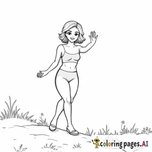 Short-haired petite curvy woman  waving at us from on top of a hill