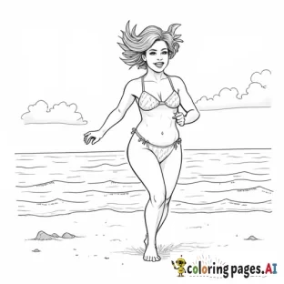 Short-haired petite very curvy woman  running towards at us from down the beach in a tiny bikini