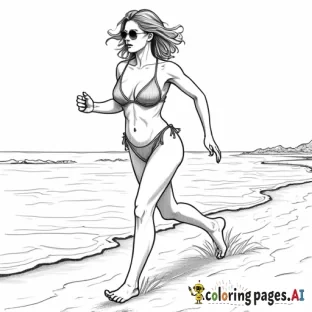 Short-haired petite very curvy woman  running towards at us from down the beach in a tiny bikini