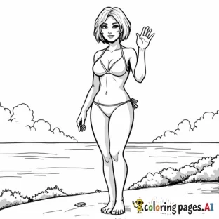 Short-haired petite very curvy woman  waving at us from on top of a hill in a tiny bikini