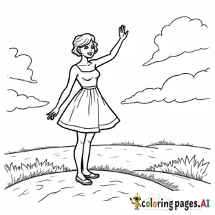 Short-haired petite very curvy woman  waving at us from on top of a hill