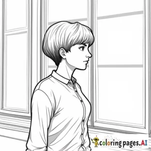 short-haired woman gazing out a window