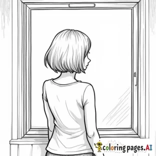 short-haired woman gazing out a window with her back towards us