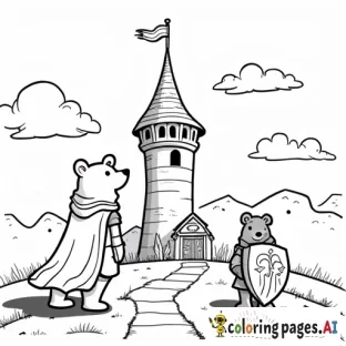 Simple cartoony A bear knight  in shining armour looking up at a tower in a fantasy land