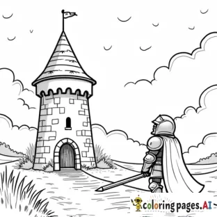 Simple cartoony A knight in shining armour looking up at a tower in a fantasy land
