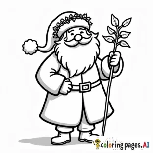 simple full figure cartoon of father christmas of england with holly wreath on head and holding a staff of holly branches