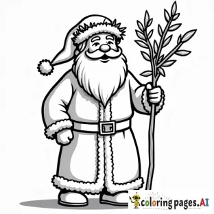 simple full figure cartoon of father christmas of england with holly wreath on head and holding a staff of holly branches, no grayscale
