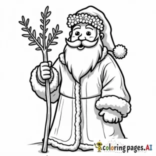 simple full figure cartoon of father christmas of england with holly wreath on head and holding a staff of holly branches, no grayscale, no shadows, no hat