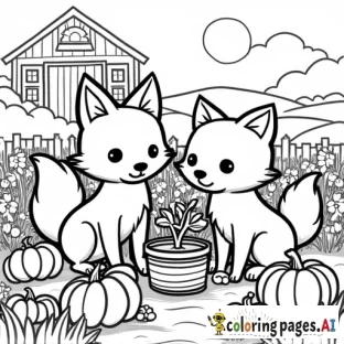 Simple line drawing of cute fuzzy fox characters planting vegetables in the garden, surrounded by autumn fruits like apples and pumpkins. The background is a quaint farmhouse. A coloring book page for kids, with vector crisp lines, bold outline, white background, simple design, no shading, no color, no shadows, no details, no textures, no gradients, in the style of vector illustration, flat art style, simple, white background, vector graphic logo, no shadow, simple