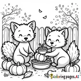 Simple line drawing of cute fuzzy fox characters planting vegetables in the garden, surrounded by autumn fruits like apples and pumpkins. The background is a quaint farmhouse. A coloring book page for kids, with vector crisp lines, bold outline, white background, simple design, no shading, no color, no shadows, no details, no textures, no gradients, in the style of vector illustration, flat art style, simple, white background, vector graphic logo, no shadow, simple