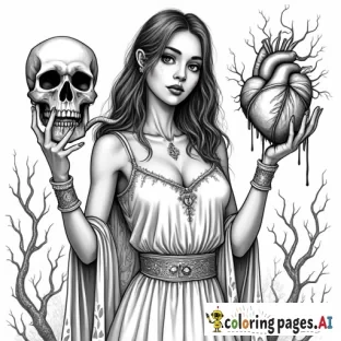 sinister female holding a skull in one hand with a snake coming from the mouth and a beating heart with blood pouring in the other with a hellish surrounding environment