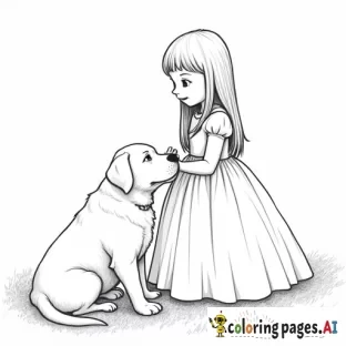 six month old labrador retriver girl playing with a little 7 year old girl in a ball gown with bangs and shoulder length hair