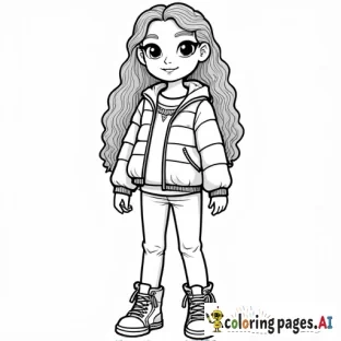 (small and cute 9 yr girl) with (long wavy hair down to her waist). She is wearing (kick flare pants), (high top sneakers), and a (puffy jacket that is zipped up all the way) in the style of Moana