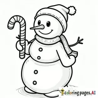 snowman holding a candy cane