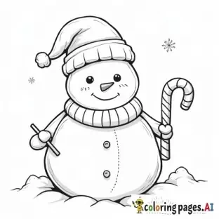 snowman holding a candy cane