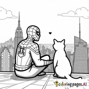 Spider-Man and a friendly cat watching the city skyline together from a high rooftop.