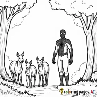 Spider-Man and a group of animals, leading them through a forest like a superhero safari.