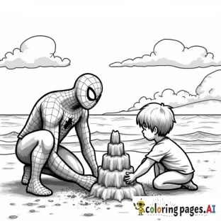 Spider-Man building a sandcastle on a beach, with kids helping him decorate it.