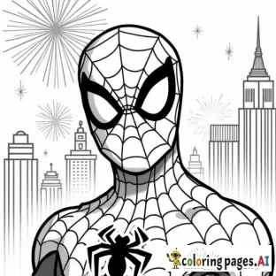 Spider-Man celebrating the New Year with fireworks lighting up the city skyline behind him.