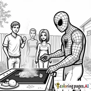 Spider-Man cooking on a grill at a backyard barbecue, surrounded by friendly neighbors.