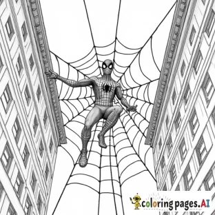 Spider-Man creating a giant spider web between two buildings, decorating it with fairy lights.