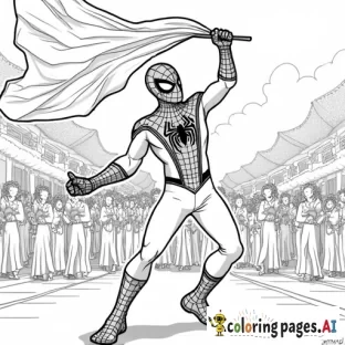 Spider-Man dancing in a traditional parade, holding a colorful festival flag.