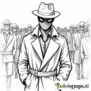 Spider-Man disguised in a trench coat and hat, stealthily blending into a busy crowd.