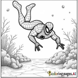 Spider-Man diving underwater, exploring a coral reef with tropical fish swimming around.