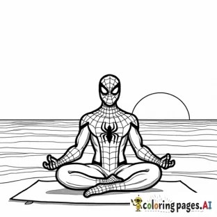 Spider-Man doing yoga on a serene beach at sunrise, meditating in a peaceful pose