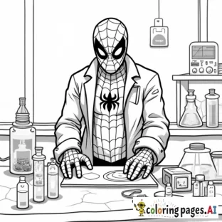 Spider-Man dressed as a scientist, working on a high-tech invention in a laboratory with gadgets.