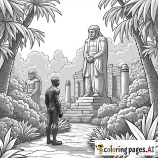 Spider-Man exploring ancient ruins in a jungle, surrounded by massive statues and overgrown trees.
