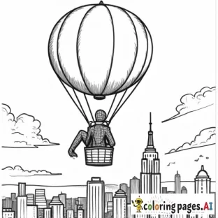 Spider-Man flying in a hot air balloon over the city, looking down at the landscape.