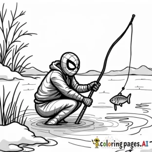 Spider-Man ice fishing in a snowy landscape, with a few fish jumping out of the hole.