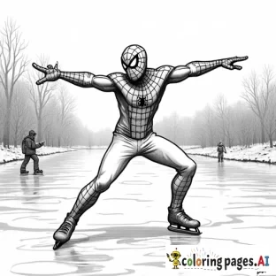 Spider-Man ice skating on a frozen lake in a snowy park, with kids watching and clapping.