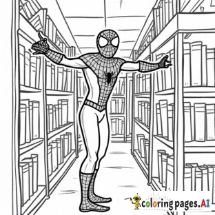 Spider-Man in a library, using his web to grab a book from a high shelf.